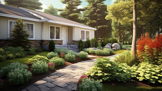 土地房子背景图片_3D 渲染中华丽的景观增强了阳光明媚的家居外观