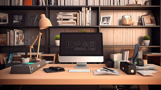 电脑桌上配有笔记本电脑和文具的办公室 3D 渲染