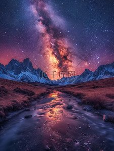 银河系背景图片_山脉和河流天空中的银河系设计