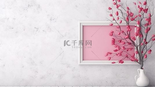 春夏叶子背景图片_白色水泥墙上异想天开的粉红色叶子，带有相框和树枝3D渲染背景