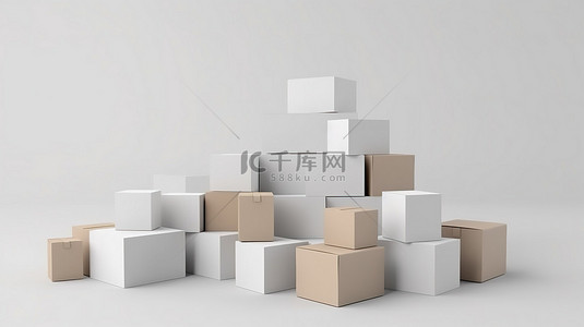 3D 渲染中白色背景上展示的各种盒子
