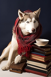 红雪橇背景图片_西伯利亚哈士奇狗戴着红围巾，坐在一些书旁边