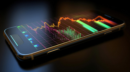 3D 渲染智能手机，具有不断增长的策略图和股票交易图的商业概念
