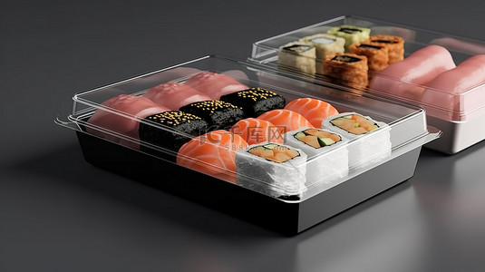带透明盖和空白白纸包装的 3D 方形塑料一次性食品容器寿司配送盒的真实模型
