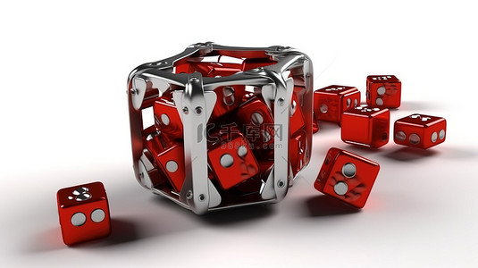 白色背景上红色获胜游戏骰子和金属熊陷阱的 3D 渲染