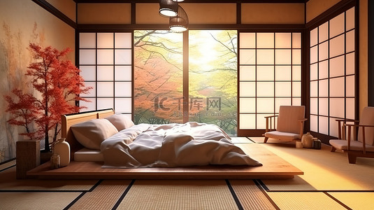 日式榻榻米背景图片_3D 渲染中宁静的现代日式室内装饰