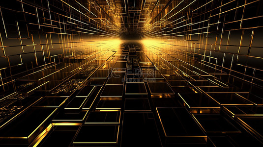 科技线元素背景图片_闪烁的抽象网格融合了金色和黑色的科技元素