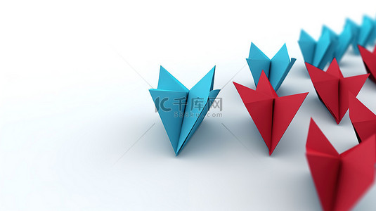 纸飞机飞机背景图片_红纸飞机在白色背景上领导蓝色飞机的编队，描绘领导力和团结 3D 渲染