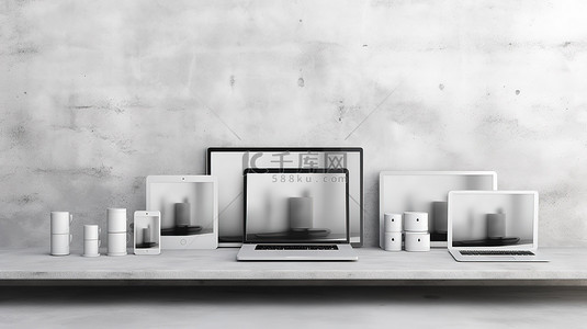 展示科技背景图片_白色混凝土墙架的 3D 渲染，展示科技小玩意电脑笔记本电脑手机和数字平板电脑
