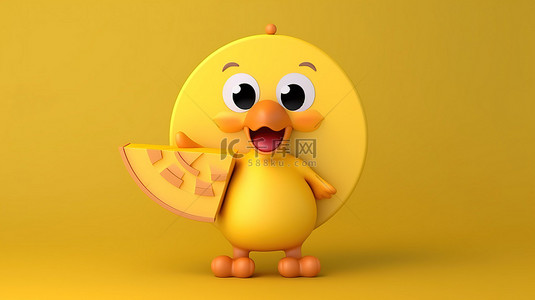 可爱的黄色卡通鸭子吉祥物的 3D 渲染，在充满活力的黄色背景上结合信息图形业务饼图