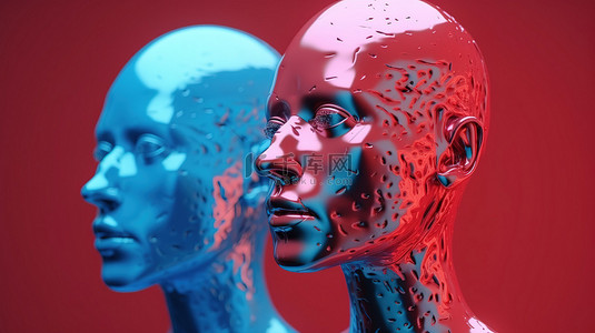 人工智能红色背景与两个蓝色头 3d 渲染