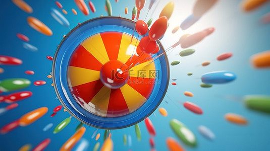 分栏箭头背景图片_商业概念气球和箭头击中的浮动目标的 3D 渲染