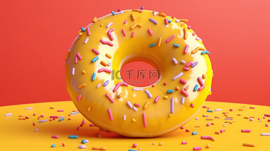 充满活力的黄色背景上的字母形釉面甜甜圈美味的 3D 描绘