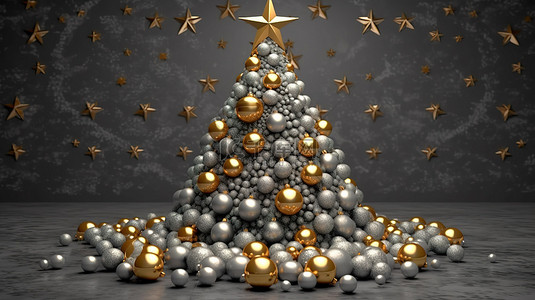 装饰有金色星星装饰品和雪花的圣诞树背景的 3D 渲染