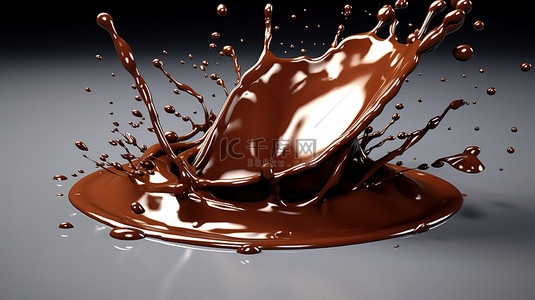巧克力飞溅与水滴的 3D 插图