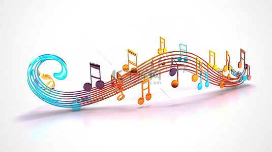 音乐音乐符号背景图片_白色背景上弯曲和漩涡音符和符号的 3D 插图