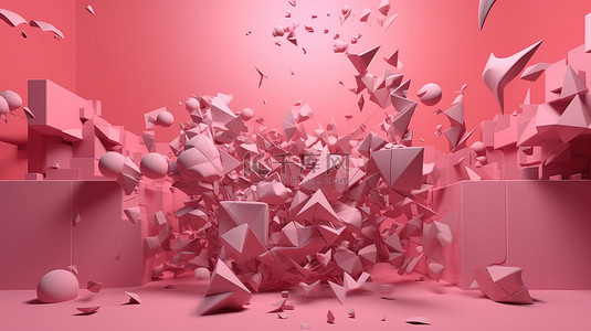 3D 渲染中的动态飞行形状和扭曲基元设置在充满活力的粉红色背景下