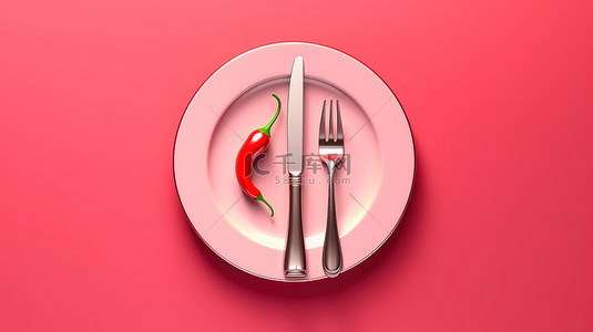 粉红色背景 3D 渲染上带有红辣椒叉和刀的盘子的顶部视图