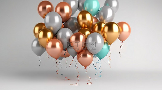 2023金色背景图片_精致的气球和闪闪发光的铝箔五彩纸屑下降到空白的白色画布 3D 渲染