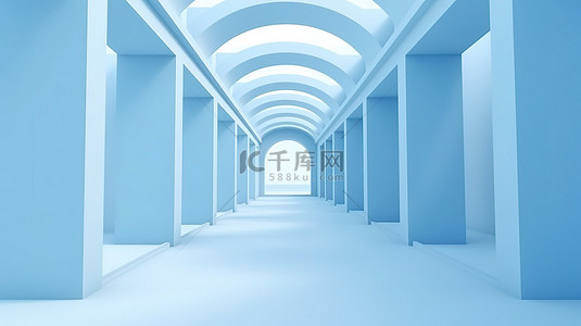 背景大楼背景图片_3D 渲染中的柔和蓝色走道，具有单色极简主义和蓝色背景上的复制空间