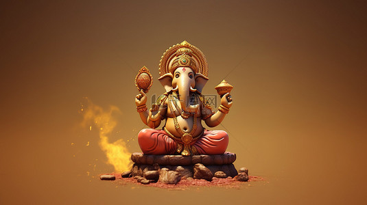 描绘印度教神甘尼萨的大象雕像的 3D 渲染插图