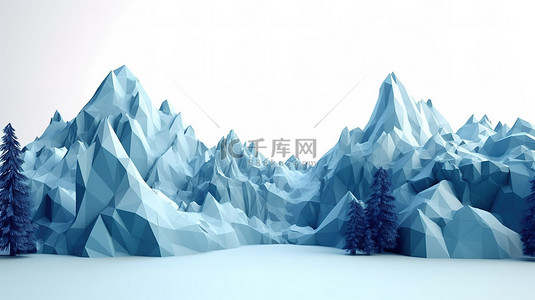 抽象白色背景下 3D 渲染中的低聚蓝色景观