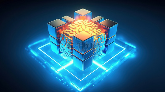 蓝色电路背景图片_蓝色背景的 3D 渲染，其中多个矩形围绕全息图大脑