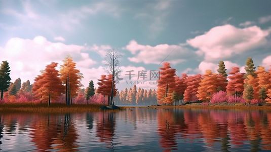 黎明的日出背景图片_充满活力的秋季场景 3D 渲染色彩缤纷的树木云和湖泊景观