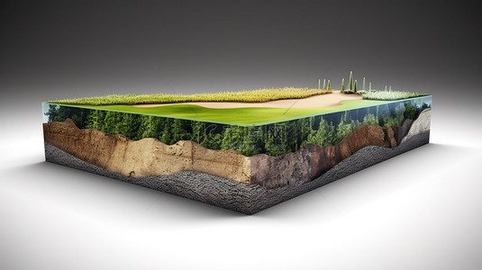 高尔夫球场茂密的草地下土壤地质横截面的 3D 插图