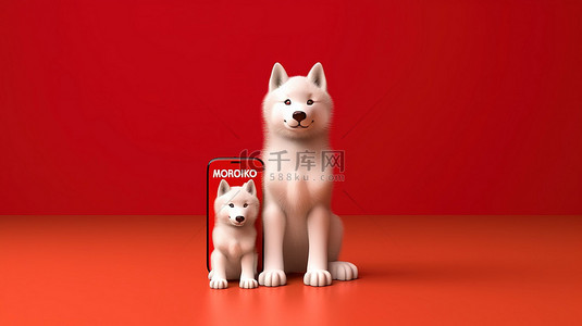 红色背景上带爱斯基摩犬的 mokap 手机的 3d 渲染