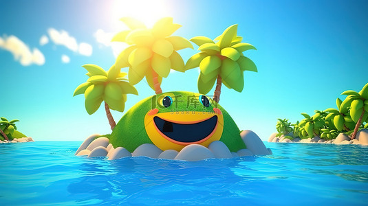 热带岛屿和 3d 卡通风格的快乐太阳