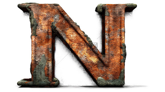 白色背景上小写字母 n 的氧化划痕青铜 3d 字体