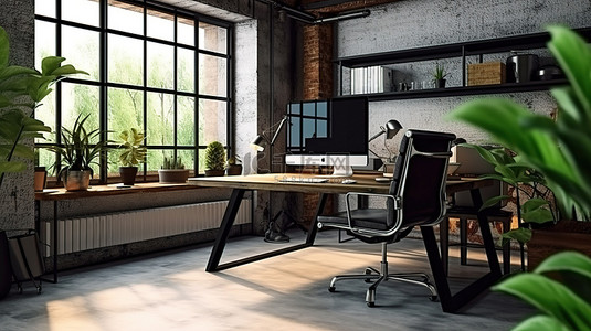 带电脑显示器的时尚现代工业阁楼家庭办公室的 3D 渲染