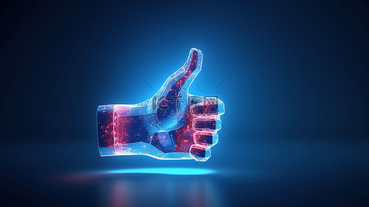 创新的蓝色背景，全息手握着像拥抱社交网络的标志 3D 渲染插图