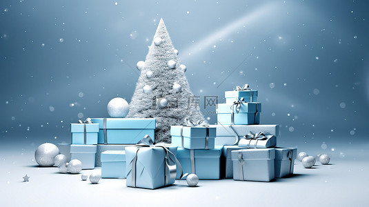 3d 蓝色讲台，有雪覆盖的圣诞树和礼品盒，庆祝圣诞快乐和新年快乐