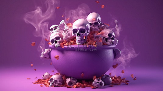 紫色背景上的传统万圣节女巫大锅坟墓骨头和头骨，以 3D 渲染的欢乐精神庆祝十月的节日