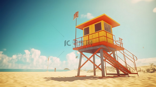 阳光海滩救生塔在沙子上的特写 3D 渲染