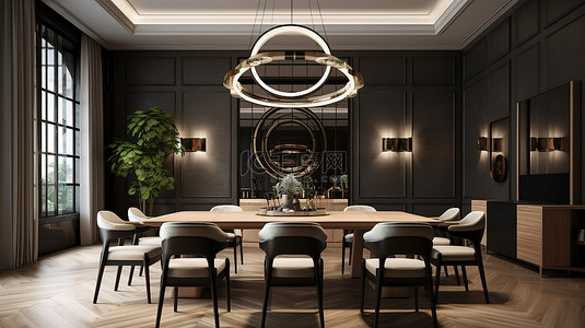 豪华晚餐背景图片_以 3D 渲染的现代餐厅，带有奢华的装饰