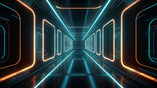 未来派 3D 插图中的发光霓虹灯条纹和对称几何设计，穿过 4k 超高清隧道