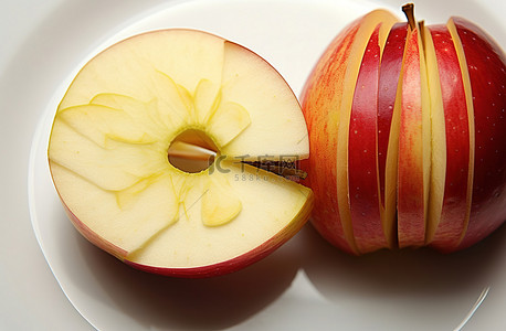 两个苹果，切成两半放在白盘上