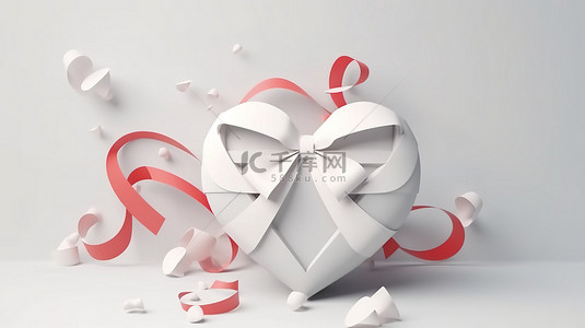 纸制白心折纸和丝带在浪漫的情人节背景 3D 渲染与爱情概念