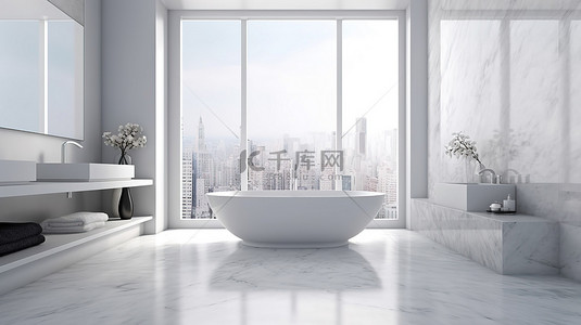 欧式浴室柜背景图片_光滑的大理石浴室柜台上的空置区域与现代和现代浴室的朦胧 3D 可视化相映成趣