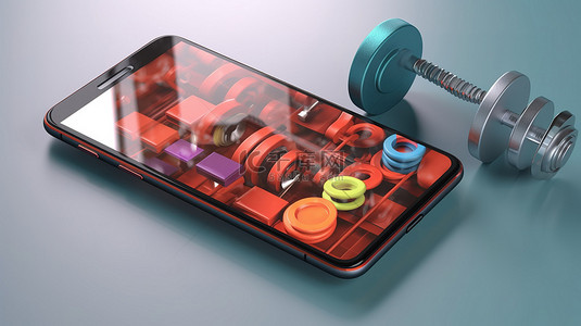 在线健身训练概念现代智能手机和运动器材面板的彩色 3D 插图