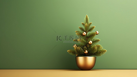 圣诞节花瓶背景图片_3D 绿色和青铜盆栽冷杉或云杉树，具有充足的复制空间，插图杰作