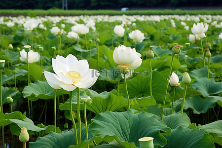 大片田地里种植的莲花和鲜花