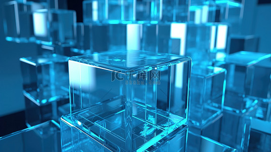 蓝色平面设计背景图片_蓝色背景下蓝色玻璃立方体的抽象 3D 渲染