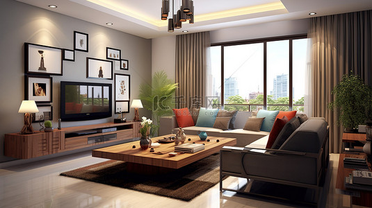 木地板客厅背景图片_舒适的居住空间的室内 3D 渲染