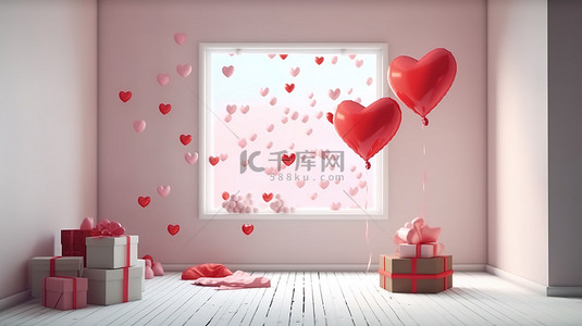 心形礼盒背景图片_爱盛开情人节心形礼盒漂浮在墙上3D插画