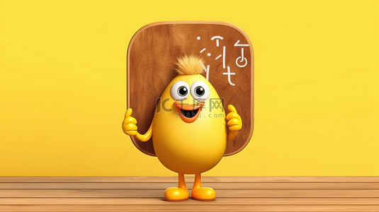 棕色鸡蛋吉祥物的 3D 渲染，在黄色背景下持有空白木制菜单板，用于户外展示