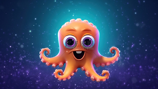 3D 渲染迷人的卡通章鱼，在孤立的插图中描绘的水生环境中被小星星和气泡包围